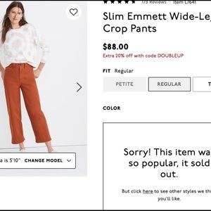 Madewell Slim Emmett Wide-Leg Crop Pants L7641 Washed Rust High Waist Sz. 28